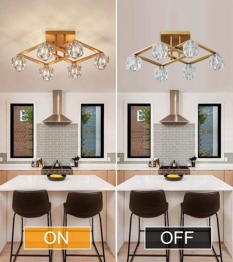 Comparison of a Farmhouse Chandelier With Orb Glass Globes And Oak Finish 6 Light Totally Rustic Vintage Pendant Light Fixture on and off.