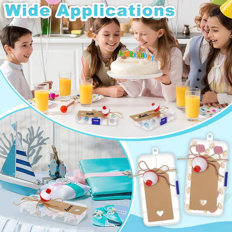 Kids at a party table with 30 Piece Fishing Candy Boxes Set with red and white bobbers and kraft paper tags in use.