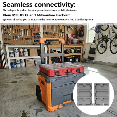 Cross Platform Modular Toolbox Connector Adapter For MODBOX And Packout Systems displayed in a garage setup