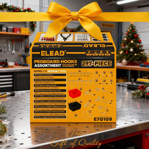 Ultimate Pegboard Organizer Kit With 297 Pieces For DIYers shown in box with tools and accessories in a workshop setting.