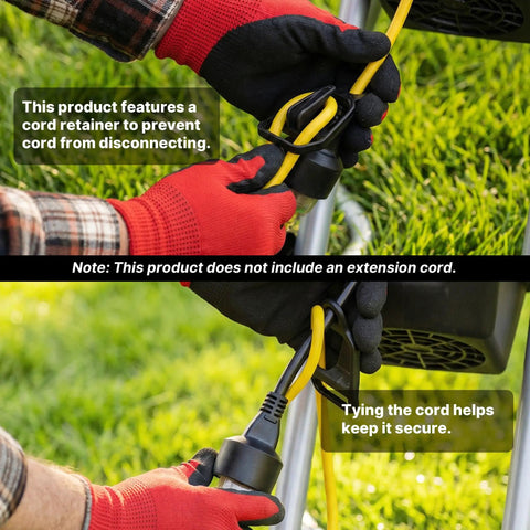 Hands securing cord on Powerful 15 Amp Electric Wood Chipper Shredder For Easy Yard Cleanup 45L Collection Bag