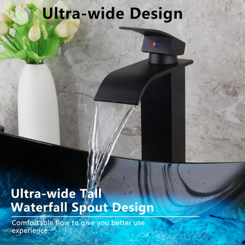 Blue Oval Glass Vessel Sink With Waterfall Faucet And Pop Up Drain Above Counter Bathroom Vessel Sink Artistic Tempered