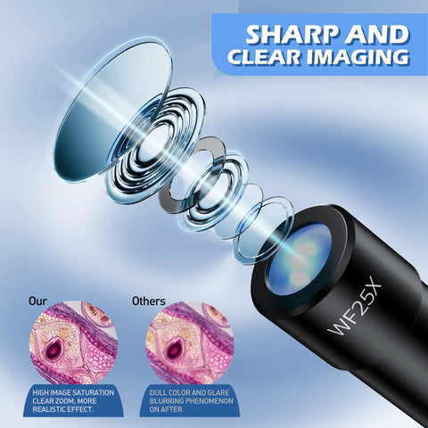 Exploded view of WF25X eyepiece showing sharp imaging, part of Professional Compound Microscope For Home Lab And School Use.