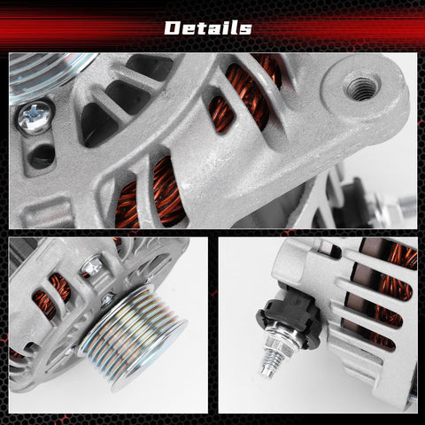Alternator Replacement For Altima 2007 2008 2009 2010, Maxima 2009 2010, Murano 2009 2010 2011 2012 2013 2014, Quest 2011-2017 V6 3.5L, OEM-Quality Plug-And-Play Replacement AMT0228 11341 11557 23100-1AA1A, close-up of alternator details