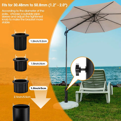 Universal Granite Umbrella Tube Base For Outdoor Use Sturdy Stone Stand With Stainless Sleeve shown by poolside with setup guide.