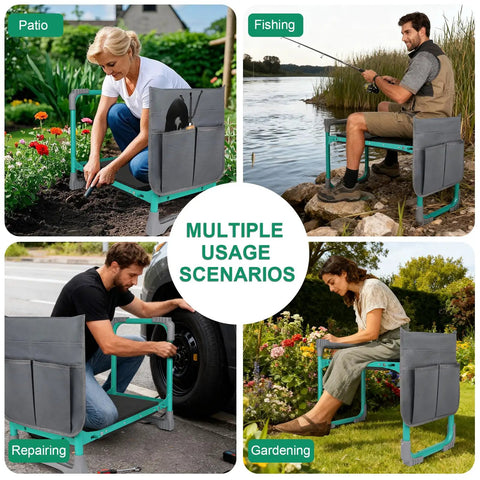 2-In-1 Garden Kneeler And Seat Foldable Bench With Non-Slip EVA Foam Pad Storage Pouches Glove Included used in various scenarios: patio, fishing, repairing, gardening.