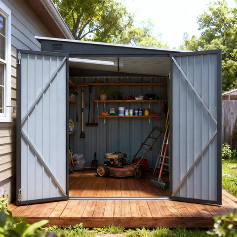 Six By Eight Ft Lean To Shed With Skylight And Double Doors, Metal Outdoor Storage Shed for tools and lawn gear shown open