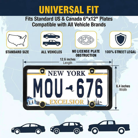 Diagram showing how Clear License Plate Frame Protectors 2 Pack Universal Fit For All US Standard Plates fit a New York plate.