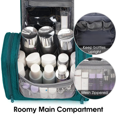 Large Hanging Toiletry Bag For Women And Men, Grab And Go Travel Makeup Organizer With Dry Wet Separation in teal, open view
