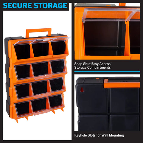 Hella Spacious Plastic Storage Drawers Heavy Duty Small Parts Organizer For Garage Workshop with snap shut compartments.