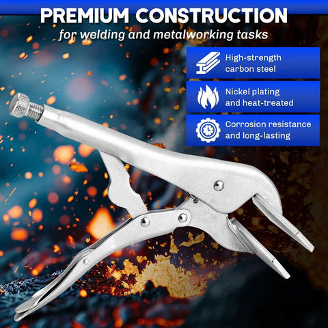 Badass Ten Inch Locking Sheet Metal Clamps Two Pack heavy duty nickel plated carbon steel clamp for welding tasks on a fiery background.