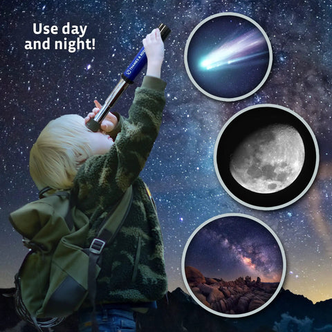 Discovery Telescope For Beginners With 12x Magnification, Portable Refractor For Land And Night Sky Observation, Ideal Kids Telescope To See The Moon, Planets, Wildlife, And Backyard Adventures With Easy Setup, child using telescope
