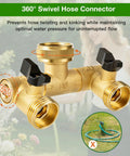 Solid Brass Two Way Hose Splitter With 360 Degree Swivel Outlets And Three Quarter Inch GHT Connection For Garden Use Rust Resistant Freeze Proof Easy To Attach To Standard Faucets Built To Last; brass 2-way hose splitter with swivels