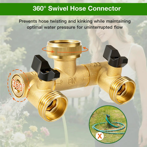Solid Brass Two Way Hose Splitter With 360 Degree Swivel Outlets And Three Quarter Inch GHT Connection For Garden Use Rust Resistant Freeze Proof Easy To Attach To Standard Faucets Built To Last; brass 2-way hose splitter with swivels