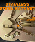 Close-up of stainless steel ratchet mechanism from Four Pack 2 Inch By 27 Foot Heavy Duty Ratchet Straps With Aluminum Handle And Double J Hooks
