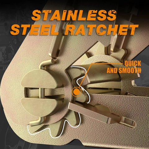 Close-up of stainless steel ratchet mechanism from Four Pack 2 Inch By 27 Foot Heavy Duty Ratchet Straps With Aluminum Handle And Double J Hooks