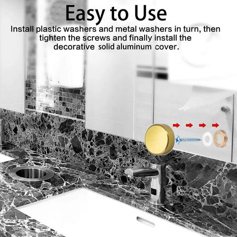 Top Shelf Solid Aluminum Decorative Screw Caps With A Slick Polished Gold Finish on a marble bathroom countertop during installation.