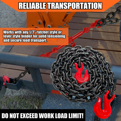Beefy Half Inch G80 Trailer Tow Chain Ten Foot With Red Clevis Grab Hooks EP Black Finish 12000 LB WLL Logging Chain