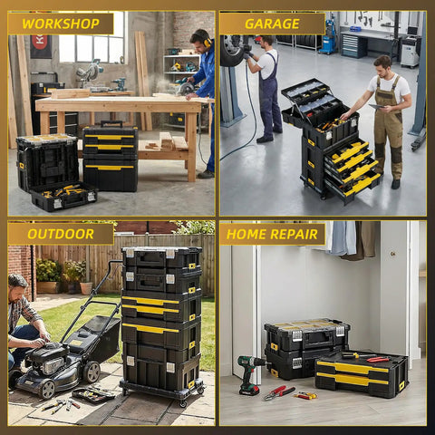 Rolling Tool Box With Wheels, 4-In-1 Modular Organizer System, Stackable Tool Chests With Drawers For Garage Storage, Home Repairs And Workshop Use, Portable, Heavy-Duty, Pro-Grade Mobile Tool Storage used in various environments.