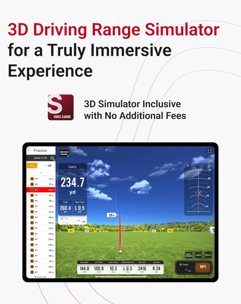 Pro Grade Golf Launch Monitor And 3D Driving Range Simulator display screen with real-time data interface
