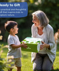 Grandparent gifting a Kid Friendly Garden Tool Set For Kids STEM Learning Kit in a garden