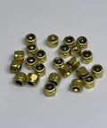 24 Pack Gold Brass Fingerboard Lock Nuts With Nylon Insert shows metallic brass hex nuts for finger skateboard upgrade.