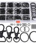 265 Piece Matte Black Swivel Snap Hooks And Heavy Duty Key Rings Set With Lobster Clasps And Jump Rings arranged in a storage box.