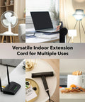 6 Ft Indoor Extension Cord With 3 Outlets Polarized 2 Prong Plug 2 Pack White Built For Home Office Lamps Fans Holiday Lights And Everyday Power Needs, shown with various home and office appliances.