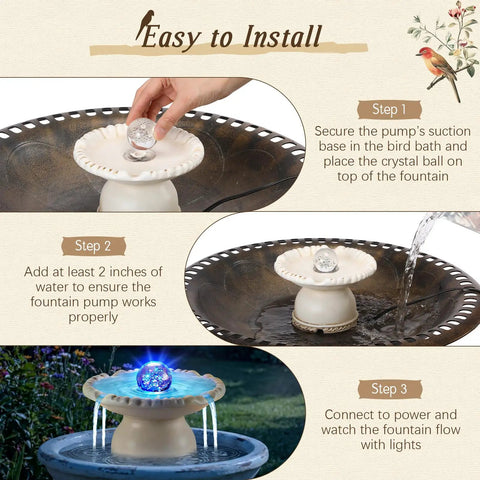 Outdoor Bird Bath Fountain With LED Light And 5W Submersible Pump Crystal Ball Accent assembly steps and installation guide