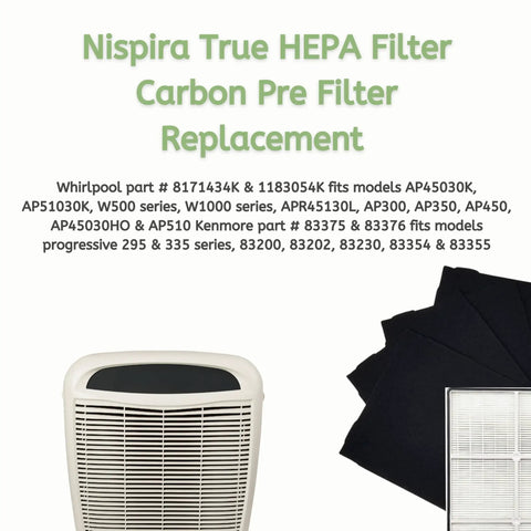 Premium True HEPA Carbon Four Pack Pre Filter Set For Sears Kenmore Air Purifiers with visible pre filters and air purifier