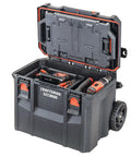 Open TradeStack Rolling Tool Box With Wheels IP65 Waterproof And Stackable Portable Chest showing tool storage compartments.