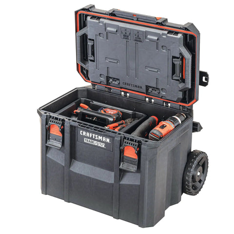 Open TradeStack Rolling Tool Box With Wheels IP65 Waterproof And Stackable Portable Chest showing tool storage compartments.