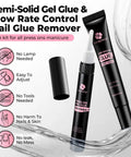 Black tubes of 15g Semi Solid Nail Glue For Press Ons With 10ml Glue Remover Quick Dry Extra Strong Bond No Lamp Needed in water effect