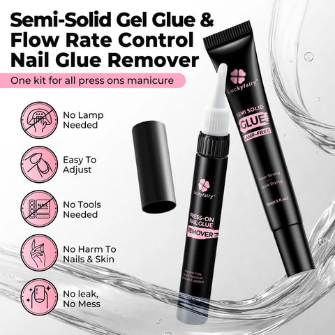 Black tubes of 15g Semi Solid Nail Glue For Press Ons With 10ml Glue Remover Quick Dry Extra Strong Bond No Lamp Needed in water effect