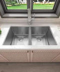 Top view of Undermount Double Bowl Kitchen Sink 32 by 19 by 10 Inches, 16 Gauge 304 Stainless Steel Satin Finish, installed in kitchen