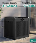 32 Gallon Resin Deck Box With Lockable Lid And Easy Carry Side Handles for indoor outdoor storage, showing size and capacity info.