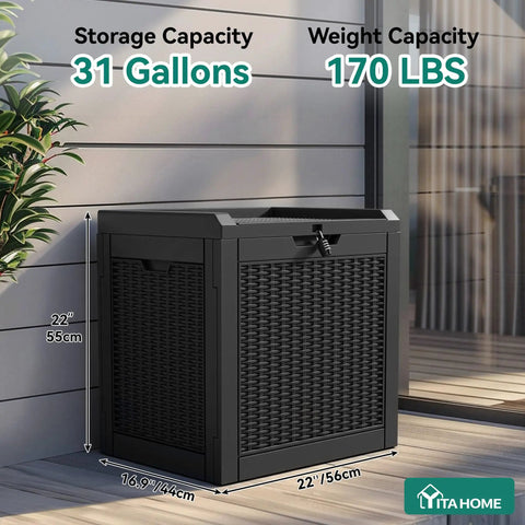 32 Gallon Resin Deck Box With Lockable Lid And Easy Carry Side Handles for indoor outdoor storage, showing size and capacity info.