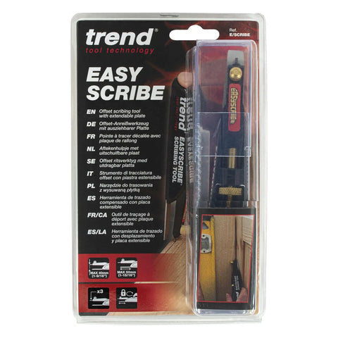 Packaging of EasyScribe Scribing Tool for Accurate Layouts Across Carpentry, Joinery, Tiling, Kitchen Fitters, and Shop Fitters with a Pro Grade Adjustable Offset Arm From 0.04 to 1.57 Inches, Black.
