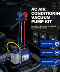 All In One HVAC Vacuum Pump Kit With One Third Horsepower Single Stage Rotary Vane Pump And Gauge Set For Auto And Home AC Systems Leak Detector Hoses And Essential Tools For Refrigeration, with hoses and gauges on car AC