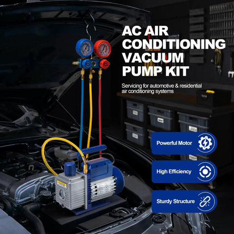 All In One HVAC Vacuum Pump Kit With One Third Horsepower Single Stage Rotary Vane Pump And Gauge Set For Auto And Home AC Systems Leak Detector Hoses And Essential Tools For Refrigeration, with hoses and gauges on car AC