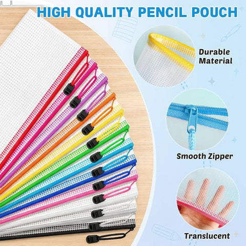 108 Pack Mesh Zipper Pencil Pouches Bulk Set in 12 colors, showing durable material, smooth zipper, translucent design.