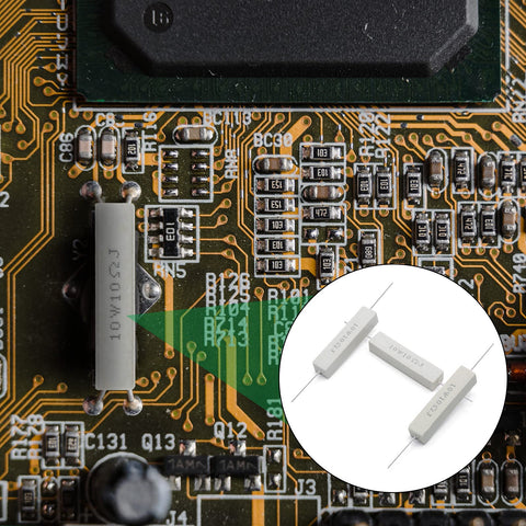 Front view of PCB featuring a gray 10W ceramic resistor (10Ω); inset shows 10 white cement wirewound power resistors.