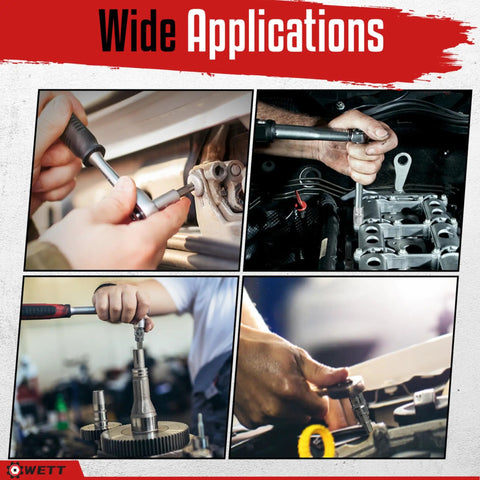 Four images showing the use of Master Torx Bit And External Torx Socket Set 60 Piece Drive for automotive and machinery tasks.