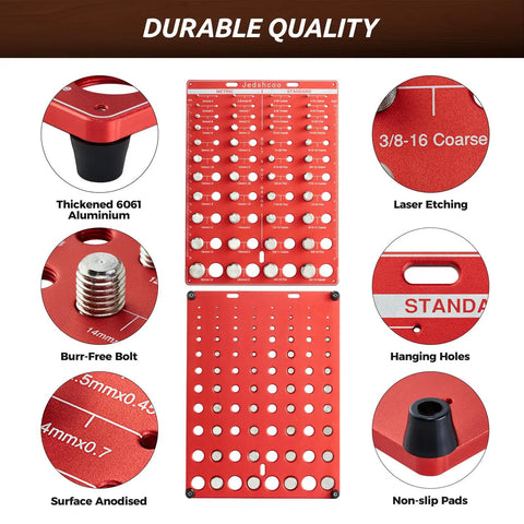 Durable red aluminum Must Have Portable Thread Gauge And Bolt Size Finder with laser etching and burr-free bolts.