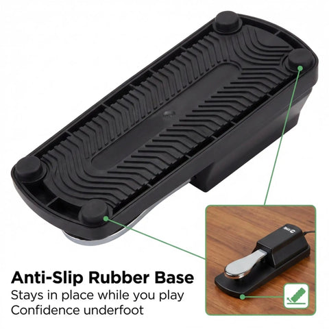 Anti-slip rubber bottom of 6.35mm Sustain Pedal For Keyboards And Digital Pianos With Polarity Switch, Anti Slip Rubber Bottom, And 5.9 Ft Cable, Plug And Play Ready With Universal Compatibility For Any 6.35mm Pedal Socket