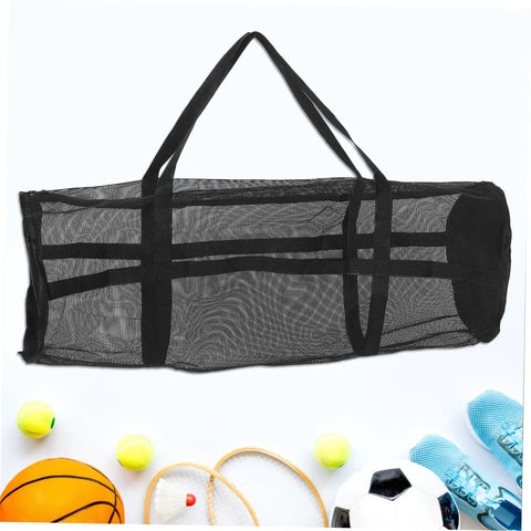 Large Mesh Sports Gear Bag For Gym And Outdoors with basketball, soccer ball, and sneakers around it