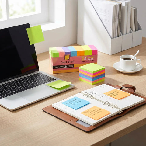 3x3 Inch Sticky Notes Set With 24 Bright Color Pads No Fuss Self Stick Note Pads For Back To School And Office Desk Essentials, on desk