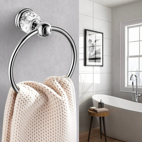 Slick Chrome Towel Ring With Crystal Accent, Flexible 180 Degree Rotating Wall Mounted Bath Hand Towel Holder in modern bathroom