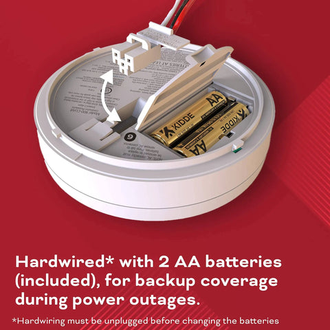 Hardwired Smoke And Carbon Monoxide Detector With AA Battery Backup, Interconnectable, open showing battery compartment.