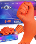 Heavy Duty Orange Nitrile Workhorse Gloves 6.3 Mil Thick Puncture Resistant Safety With Rock Solid Grip Texture For Greasy Chores And Sharp Tools Easy Donning 100 Small Count Pack, shown in hand with textured grip.